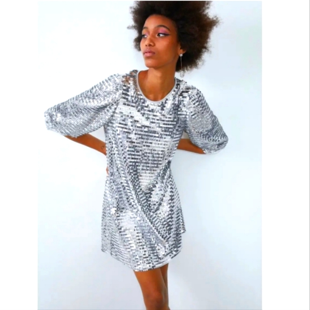Zara Silver Sequin Textured Dress